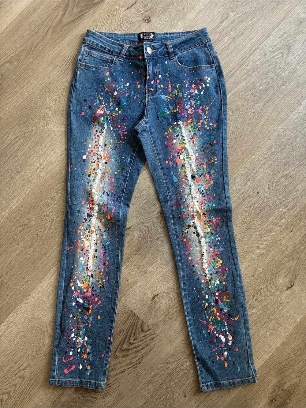 A.Z.I Paint Splatter Skinny Jeans in Blue Denim